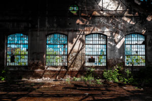 Abandoned industrial interior with bright light